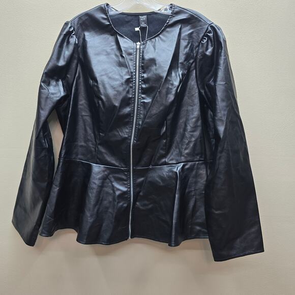 Emery Rose NWT Peplum Hem Full Zip Vegan Leather Jacket Evening Black 2XL Moto - Picture 1 of 7